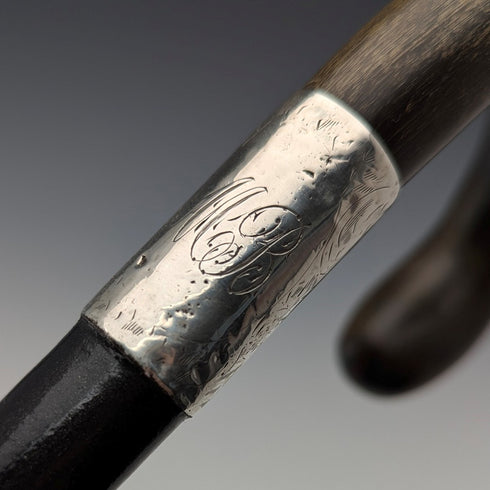 1918 British antique men's pure silver decorated horn handle walking stick 82cm